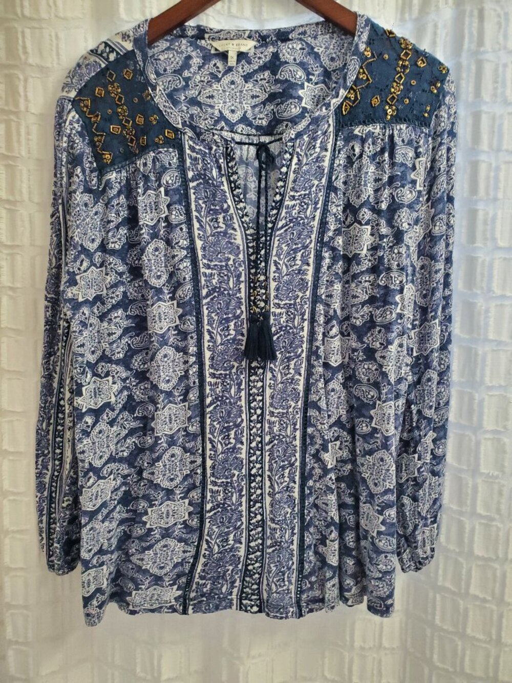 Lucky Brand tunic, top, blouse, In blue & white and copper beads on the shoulder